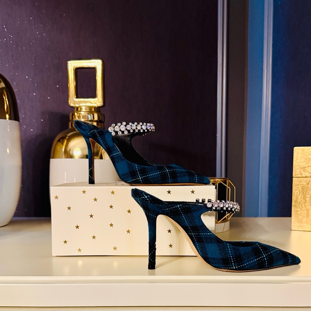 Jimmy Choo Blue Plaid Heels with Crystal Embellishment